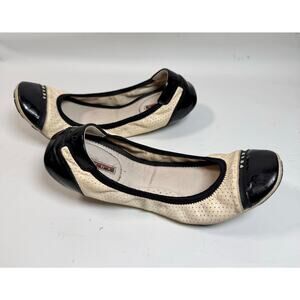 Prada Sport Cream/Black Leather Patent Cap Toe Scrunch Ballet Flats Size 38
